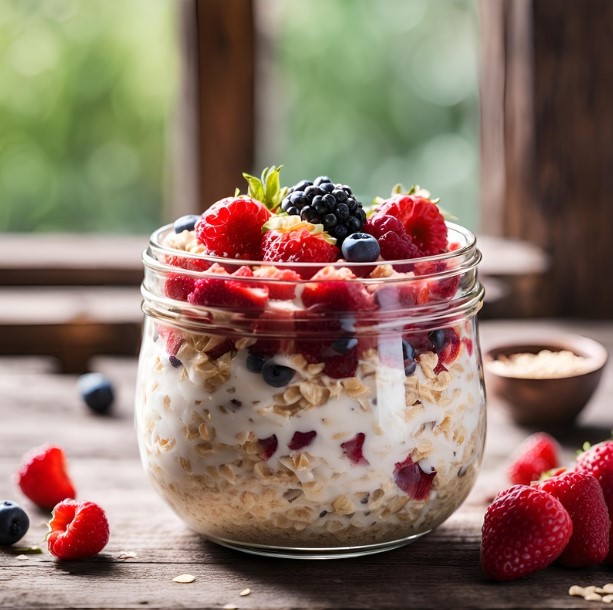 Overnight oats avec fruits rouges : fraises, framboise, mûres, myrtilles